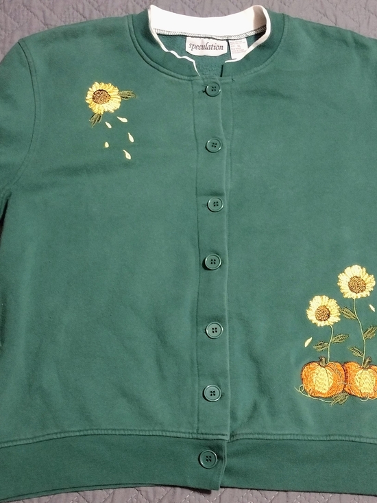 Speculation Sweaters - Speculation Green Button-Up Cardigan with Sunflower & Pumpkin Embroidery